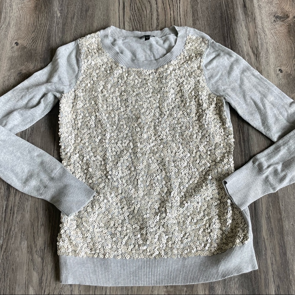 Express Grey sweater with white sequin front, size medium